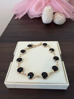 Vintage Swarovski Black Bezel Crystal Bracelet, Gold Tone 7.5-8.5"
